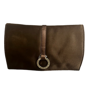 BVLGARI Brown Satin Cosmetic Pouch Clutch Travel Makeup Bag Gold Ring